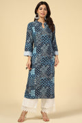 Blue Embroidered Linen A-Line Kurti