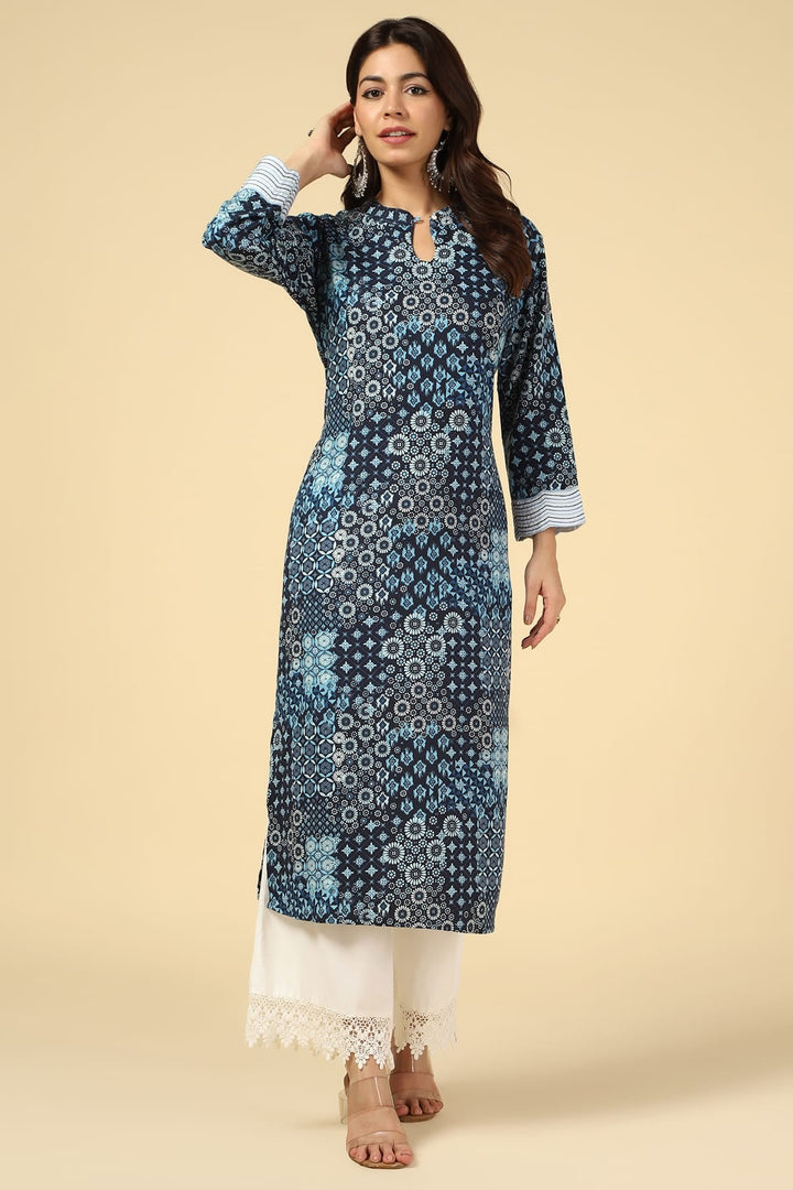 Blue Embroidered Linen A-Line Kurti