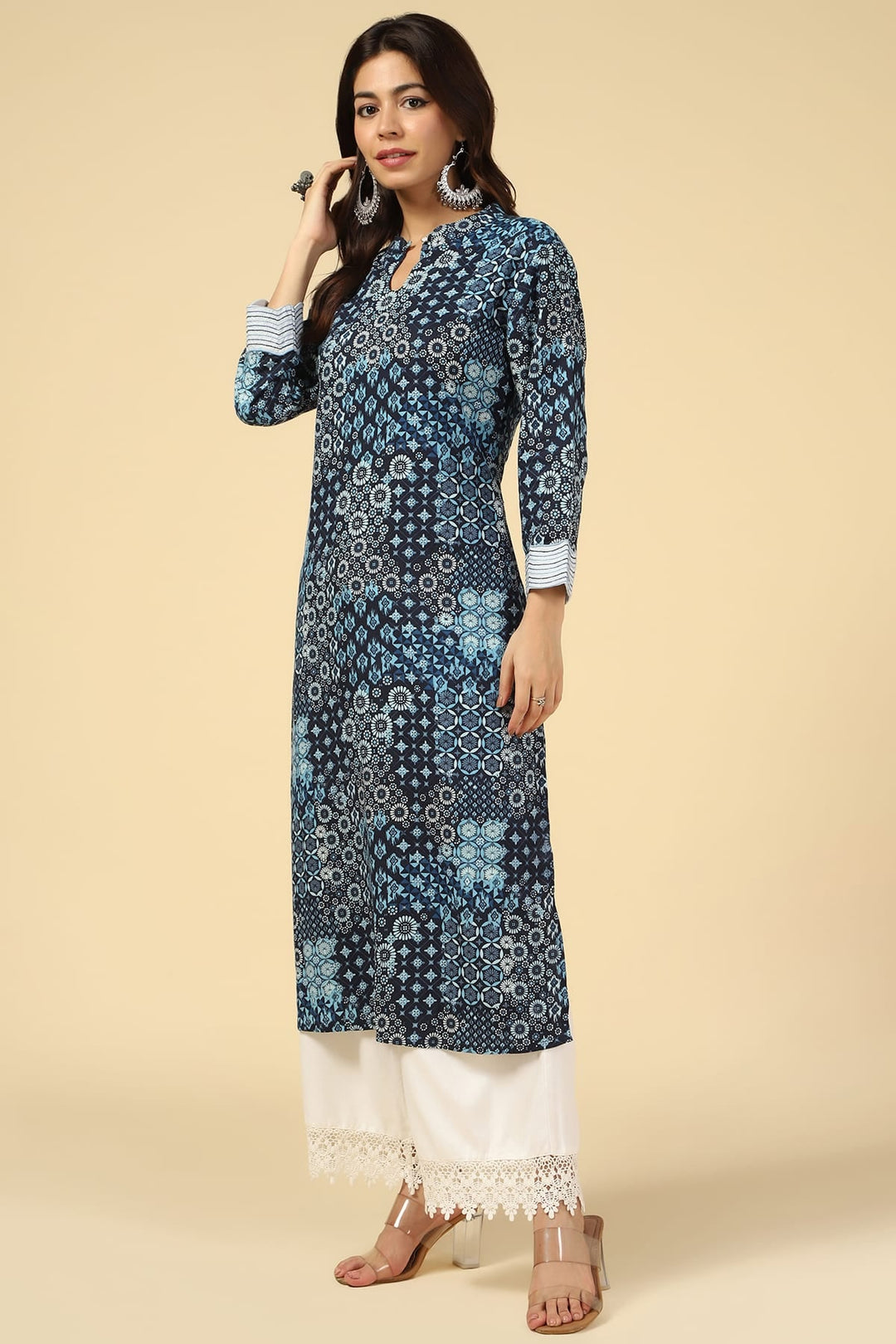 Blue Embroidered Linen A-Line Kurti