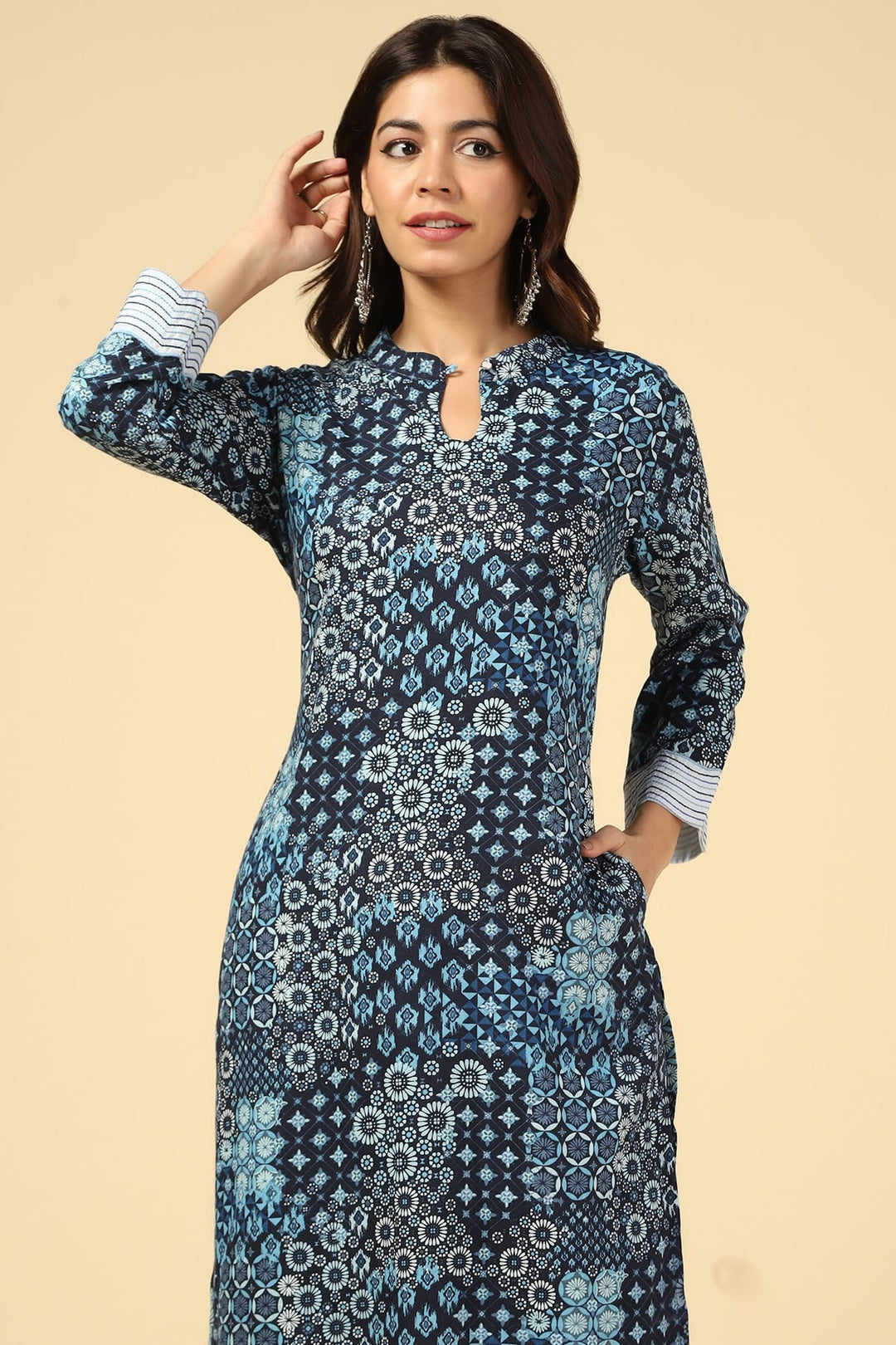 Blue Embroidered Linen A-Line Kurti
