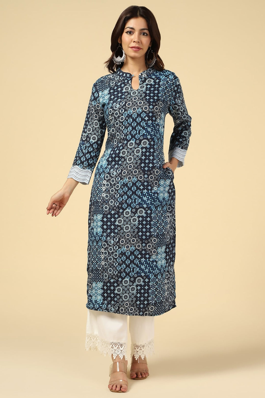 Blue Embroidered Linen A-Line Kurti