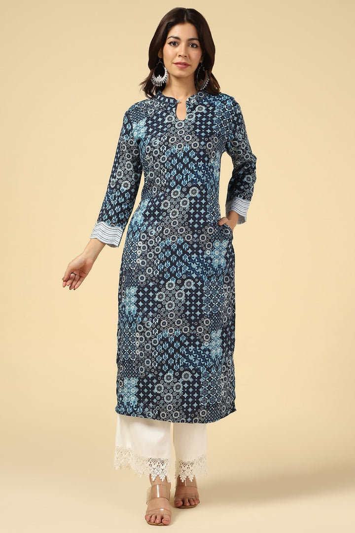 Blue Embroidered Linen A-Line Kurti