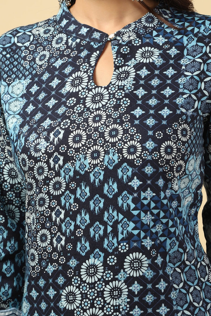 Blue Embroidered Linen A-Line Kurti