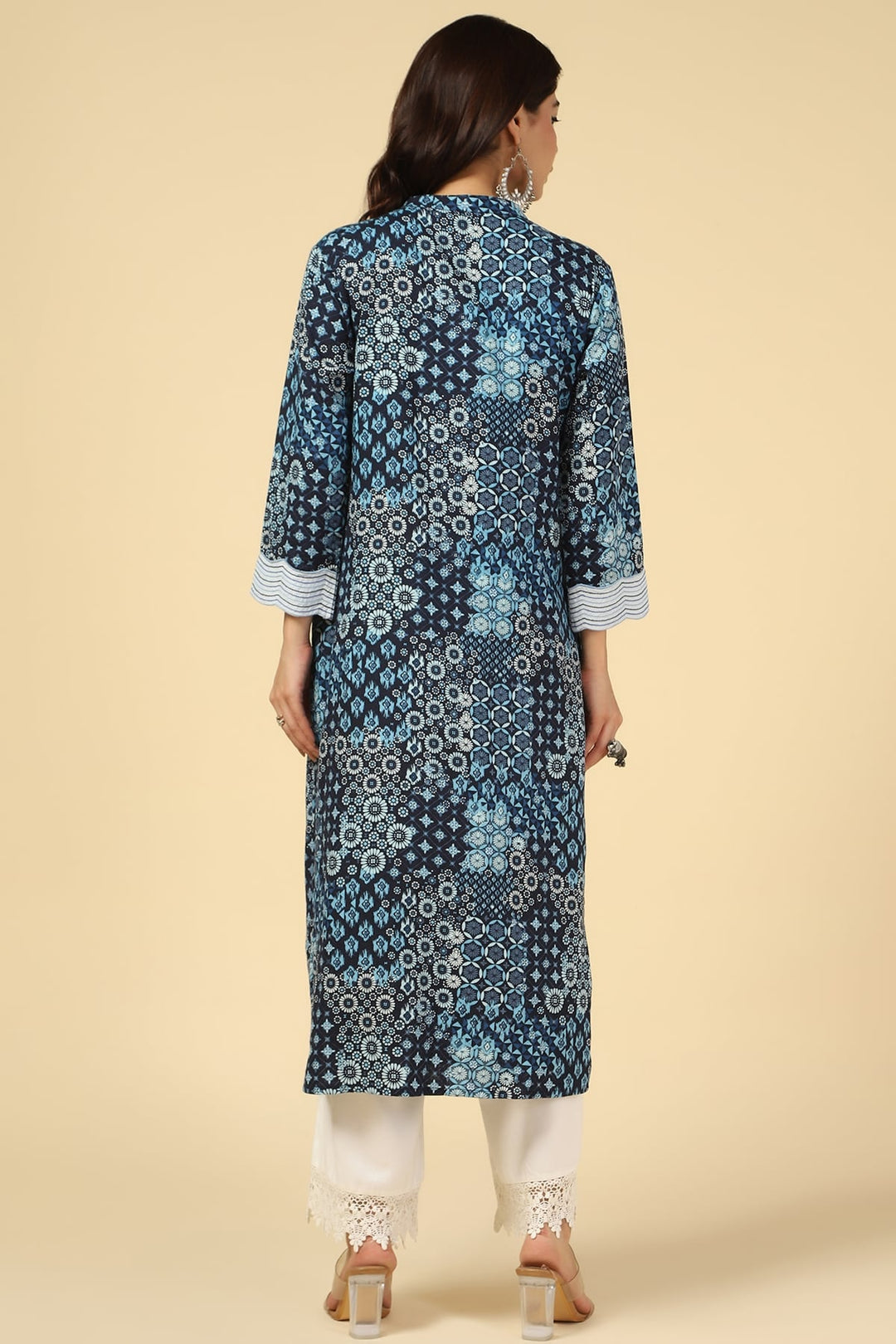 Blue Embroidered Linen A-Line Kurti