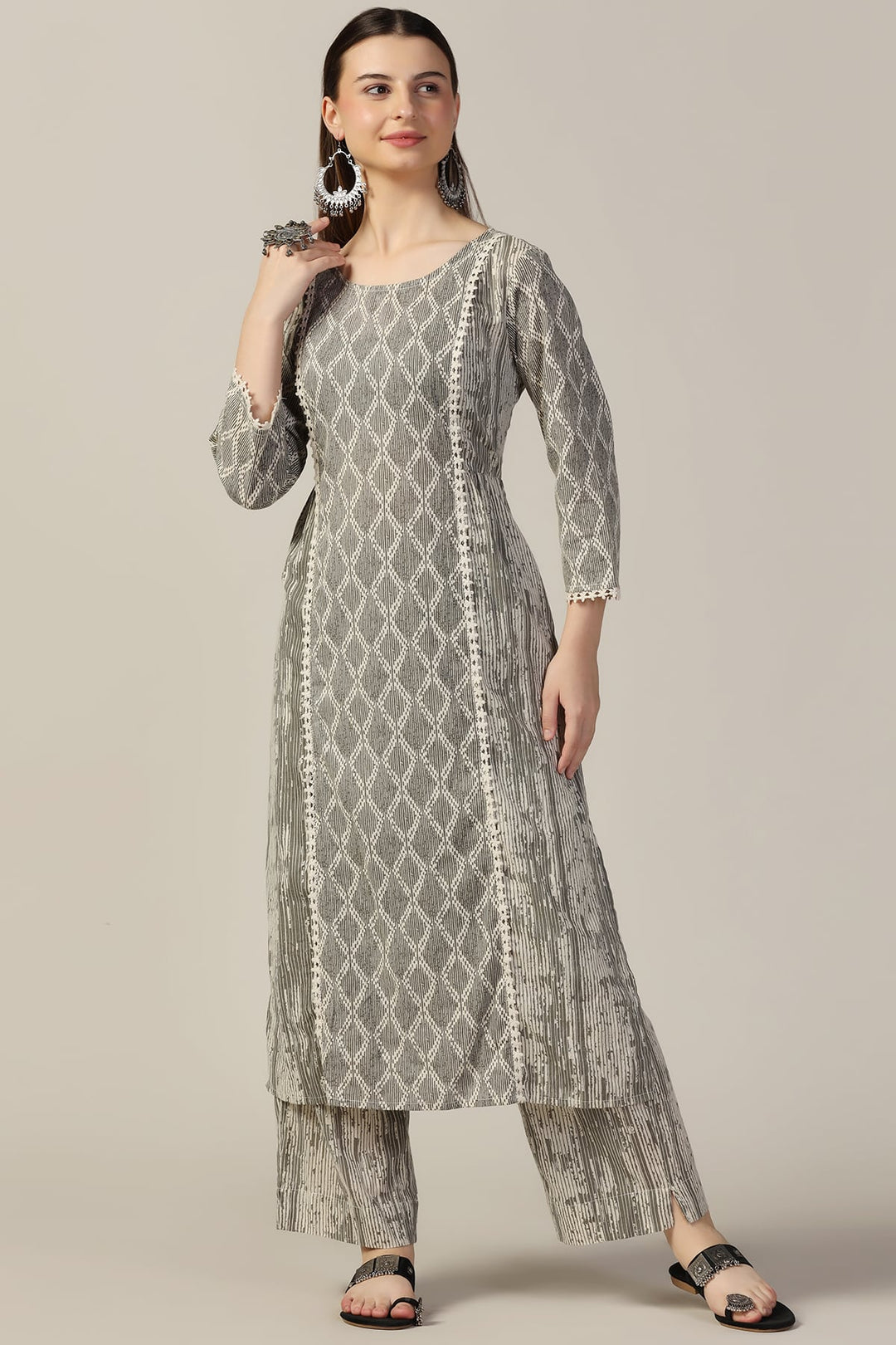 Grey Printed Cotton Cambric Kurti