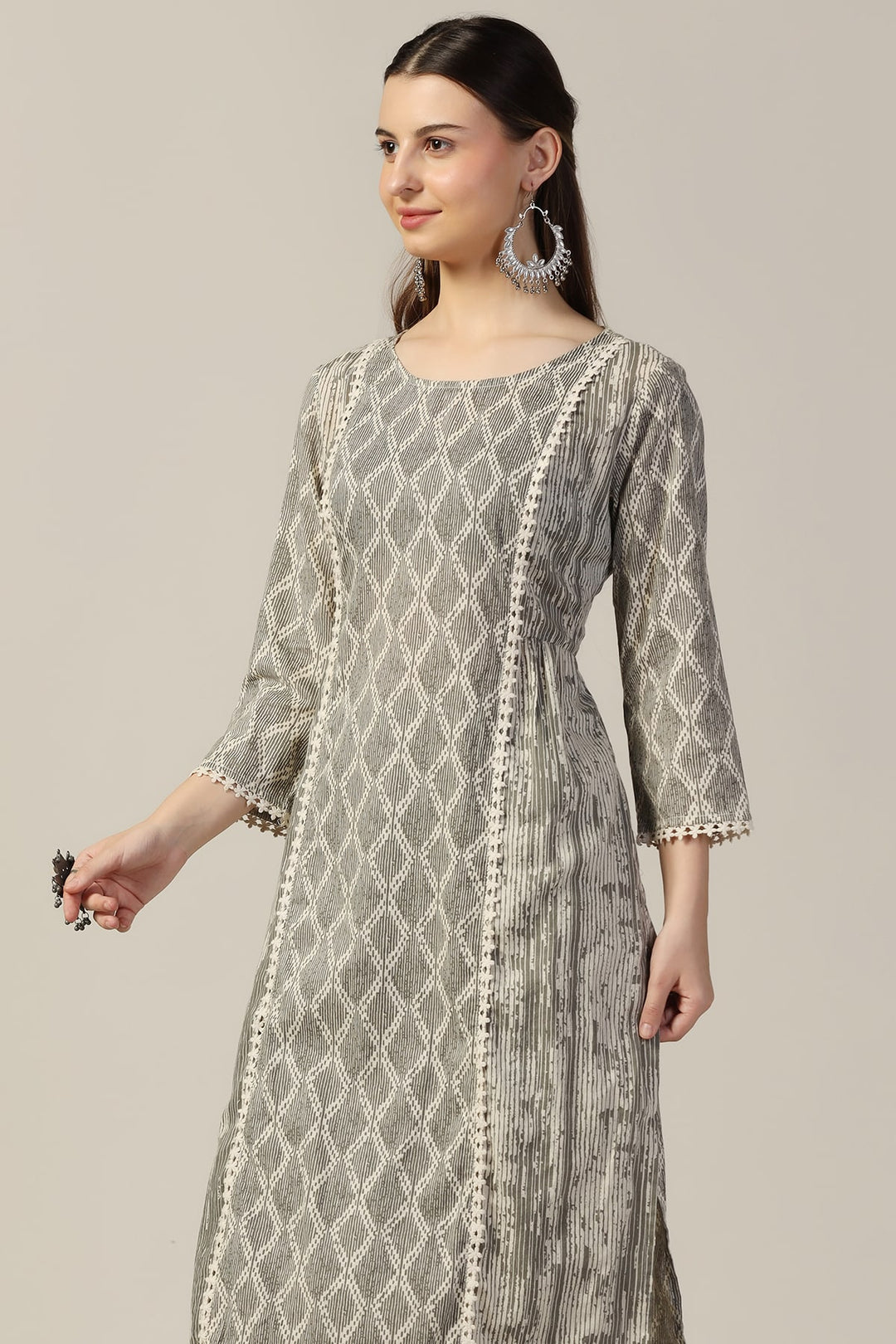 Grey Printed Cotton Cambric Kurti
