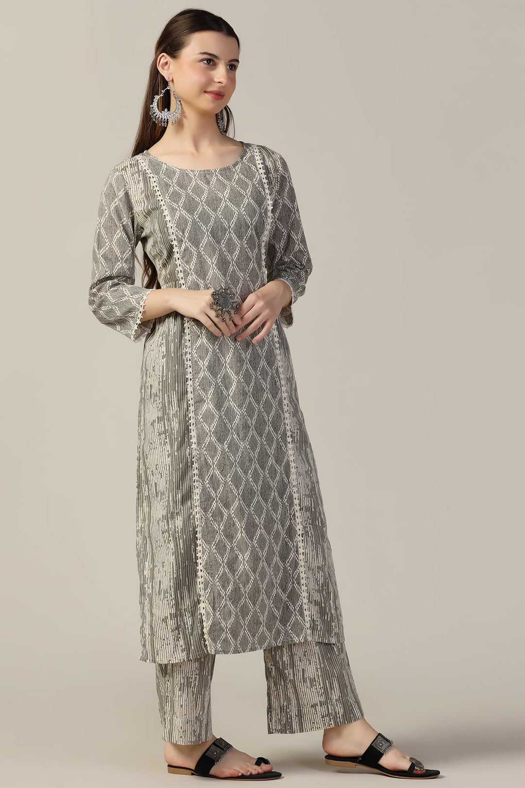 Grey Printed Cotton Cambric Kurti