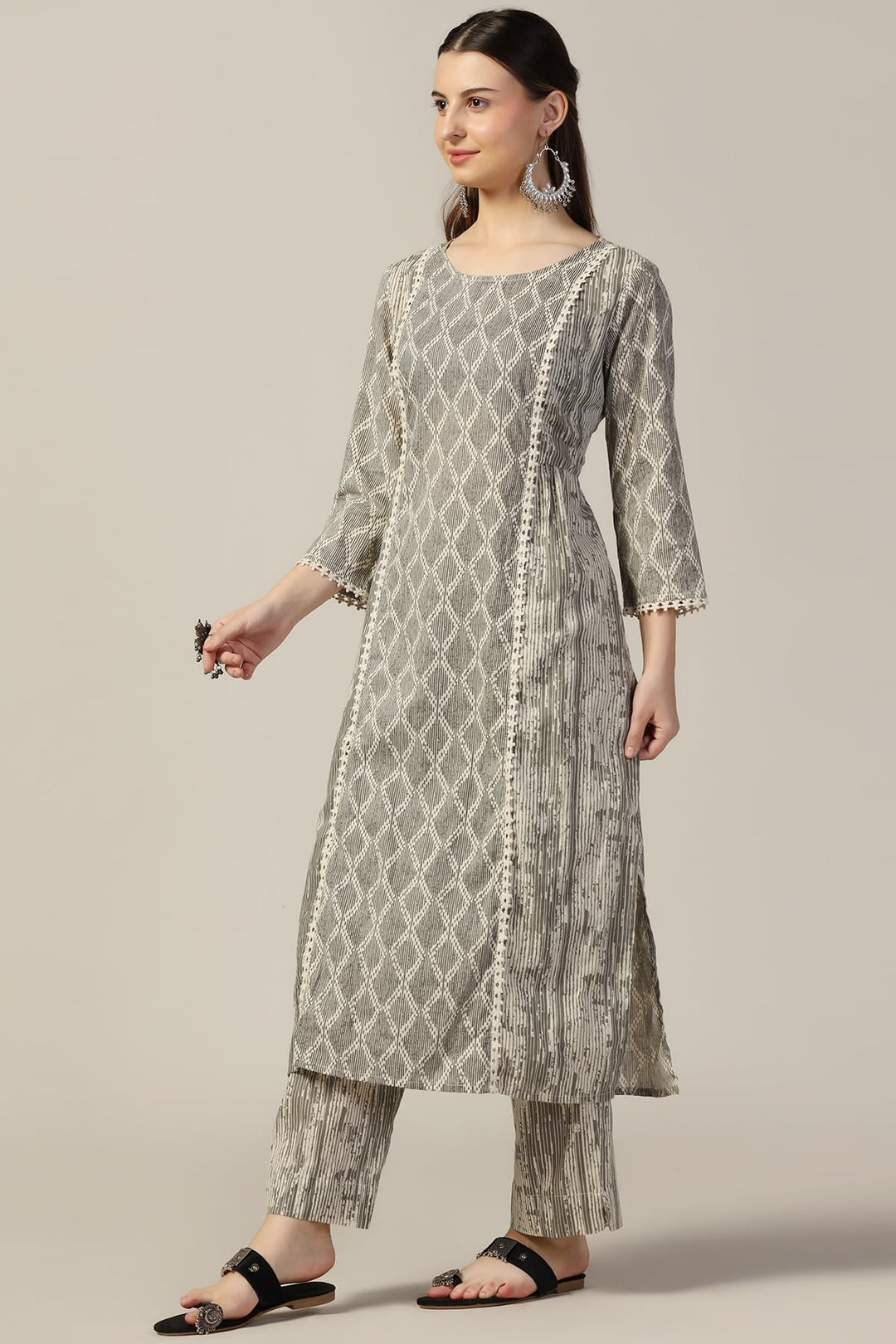 Grey Printed Cotton Cambric Kurti