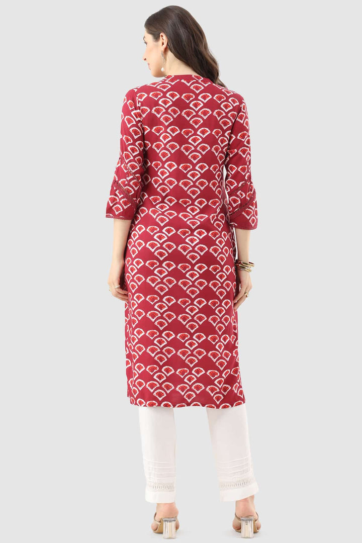 Maroon Printed Rayon Kurti with Mandarin Collar