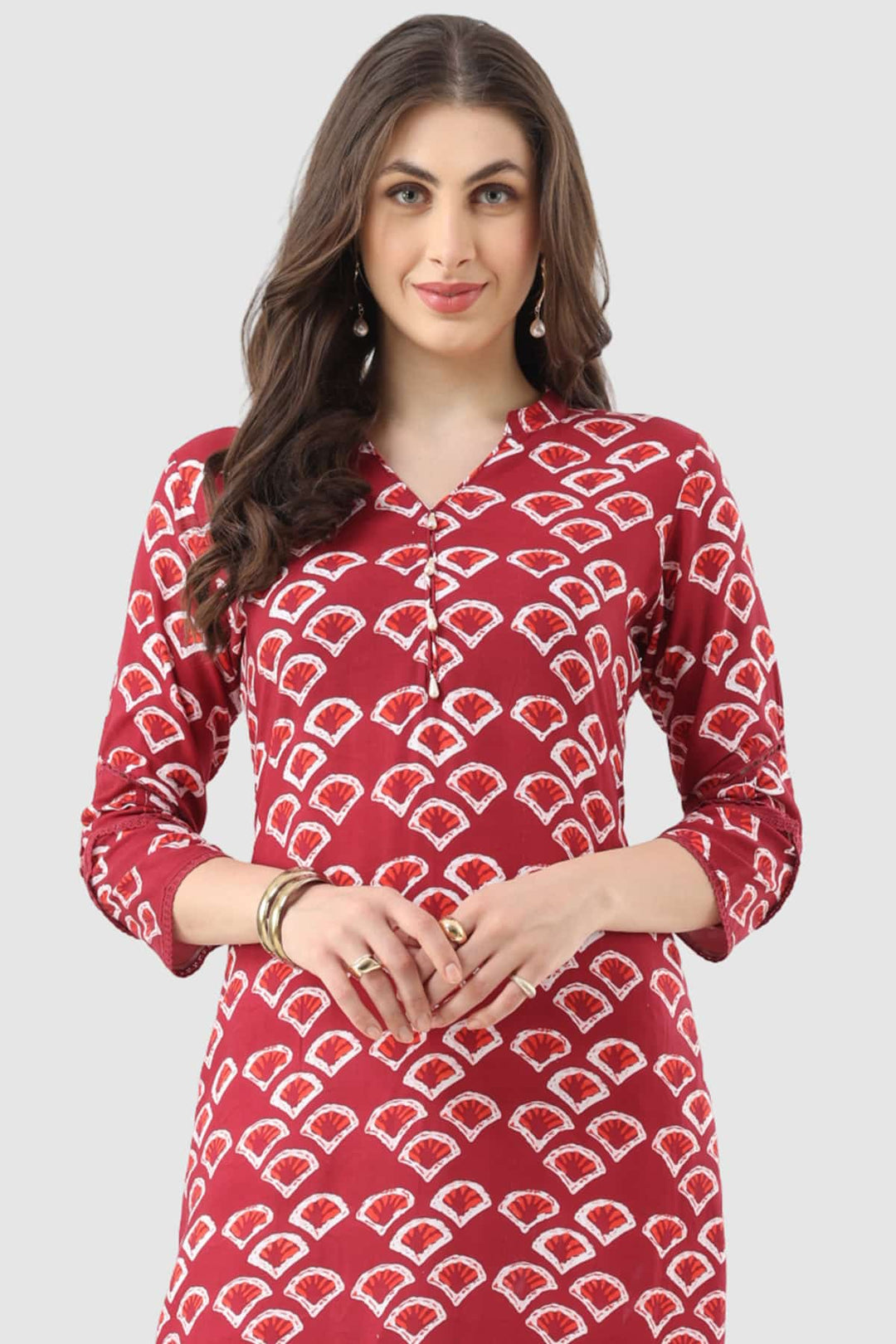 Maroon Printed Rayon Kurti with Mandarin Collar