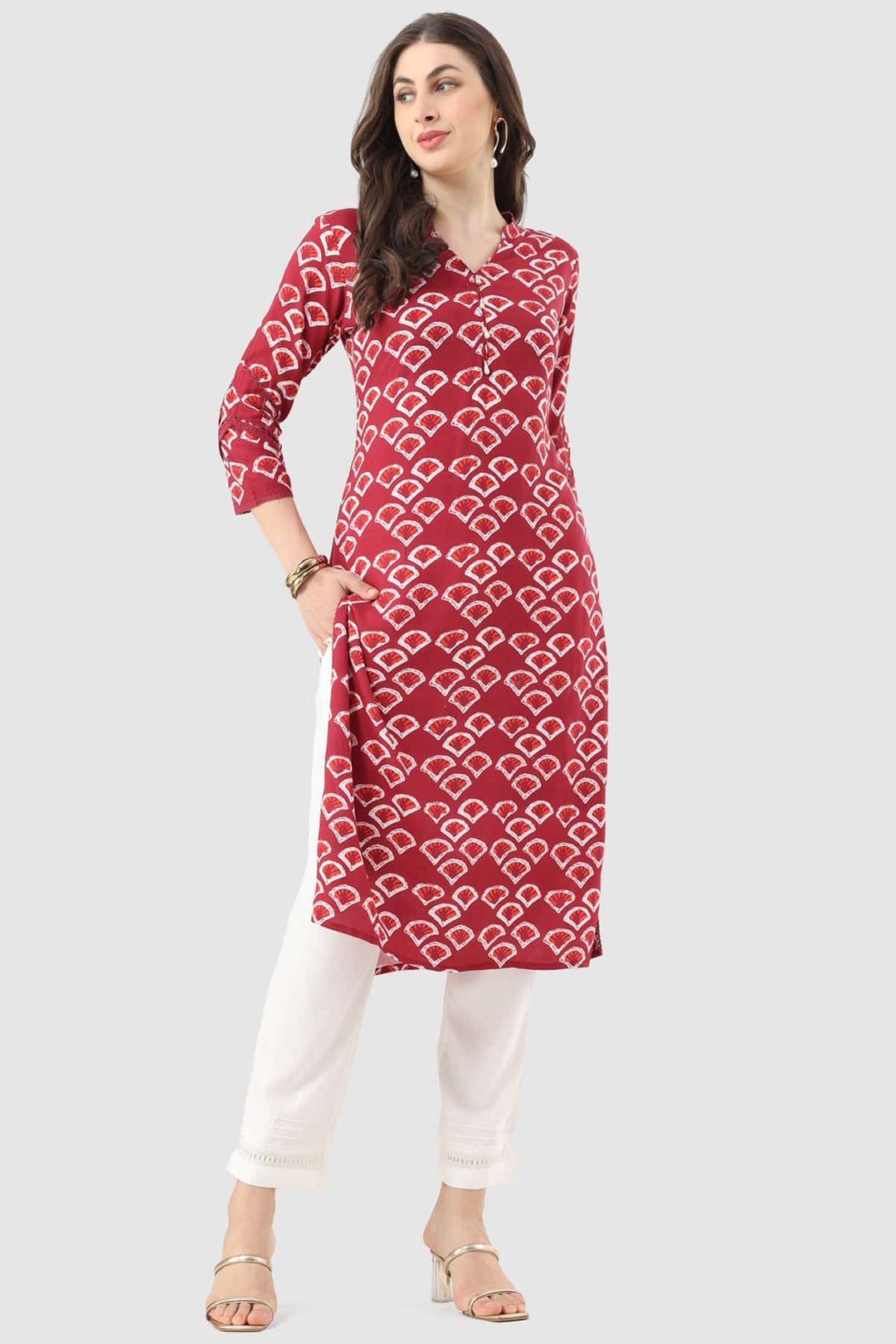 Maroon Printed Rayon Kurti with Mandarin Collar