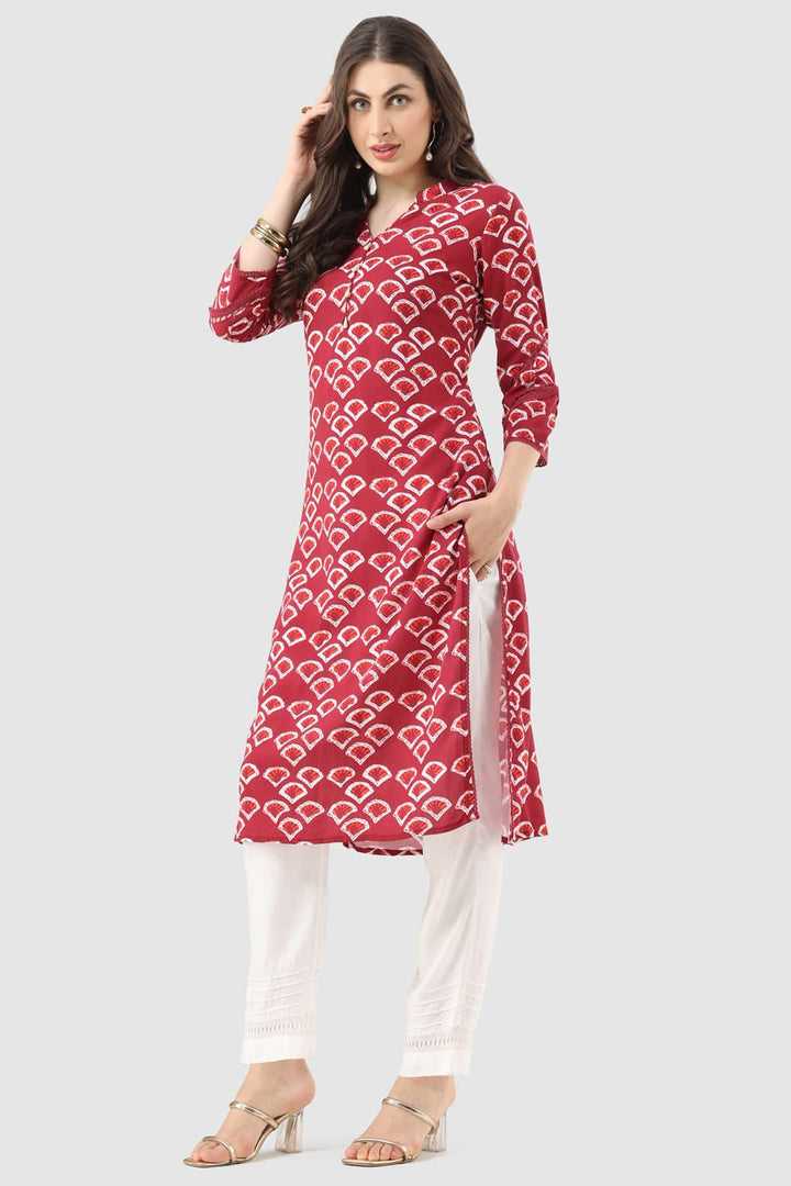 Maroon Printed Rayon Kurti with Mandarin Collar