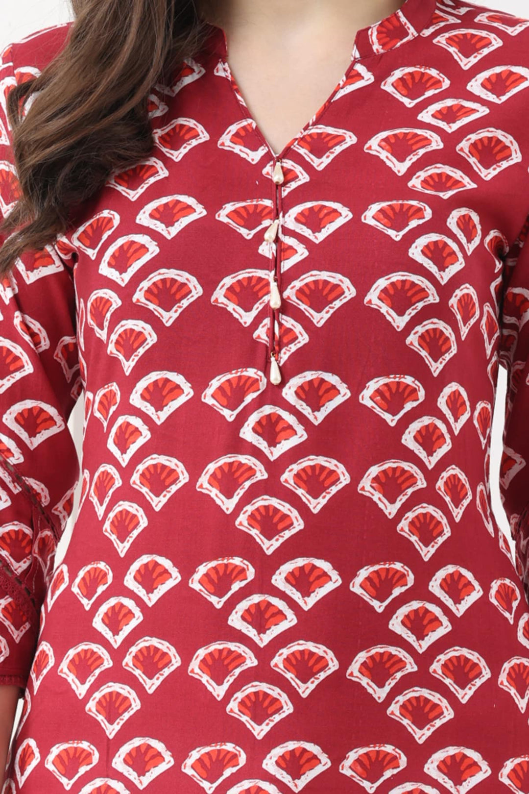 Maroon Printed Rayon Kurti with Mandarin Collar