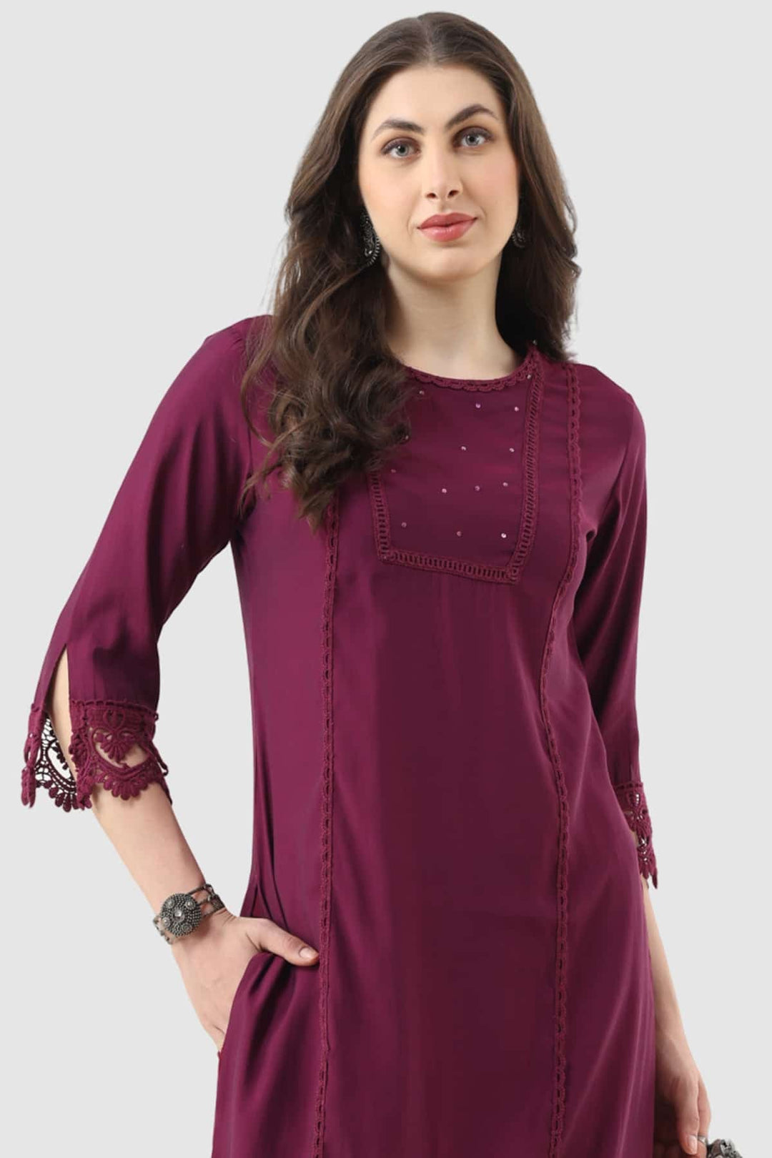 Magenta Nalina Silk Kurti with Lace Detailing