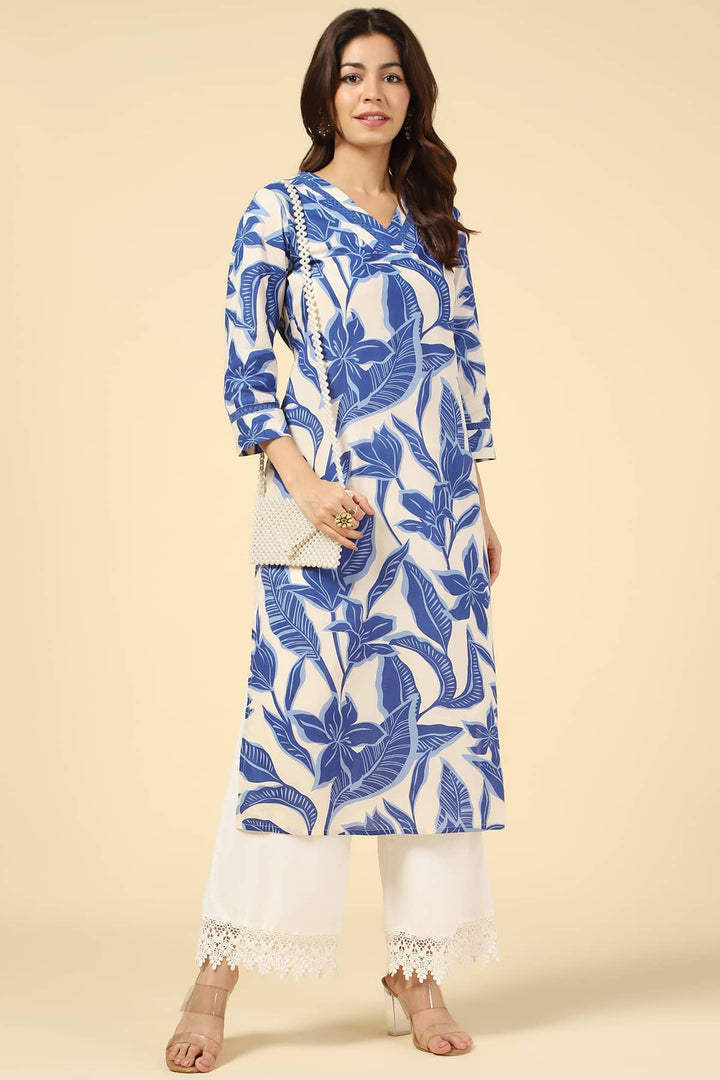 White &amp; Blue Floral Printed Cotton Kurti