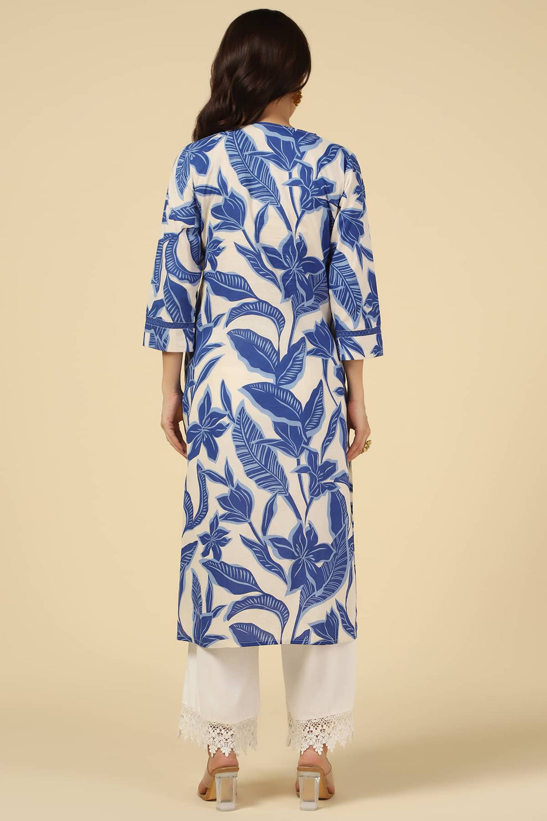White &amp; Blue Floral Printed Cotton Kurti