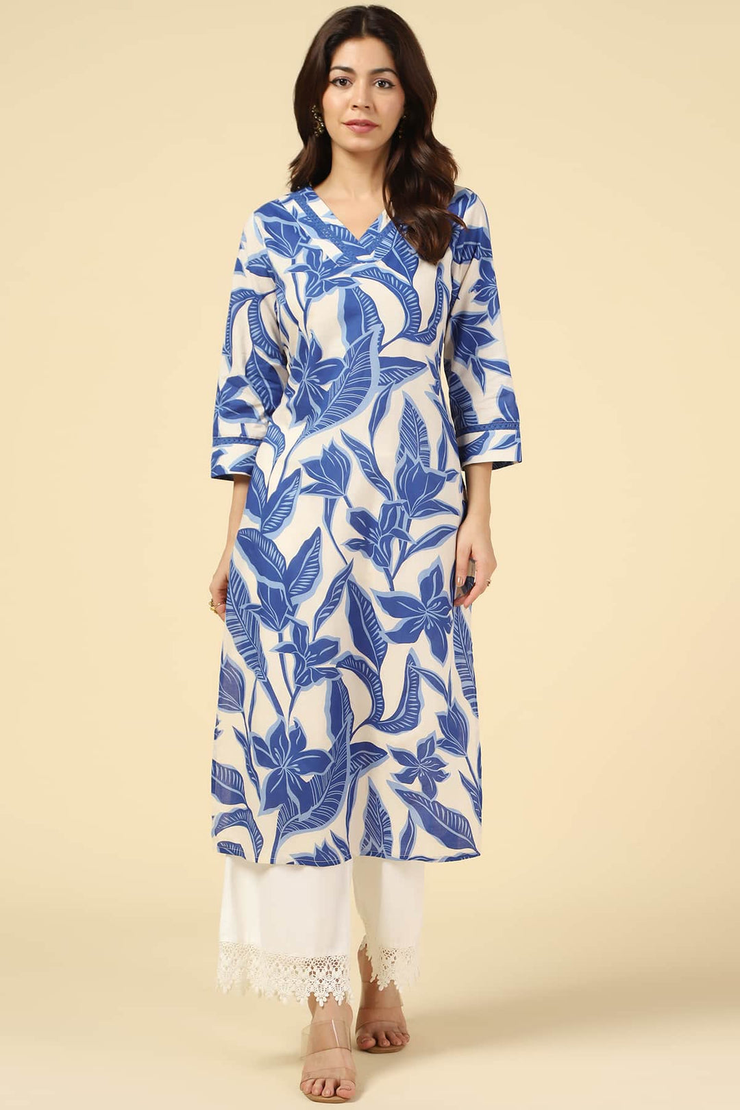 White &amp; Blue Floral Printed Cotton Kurti