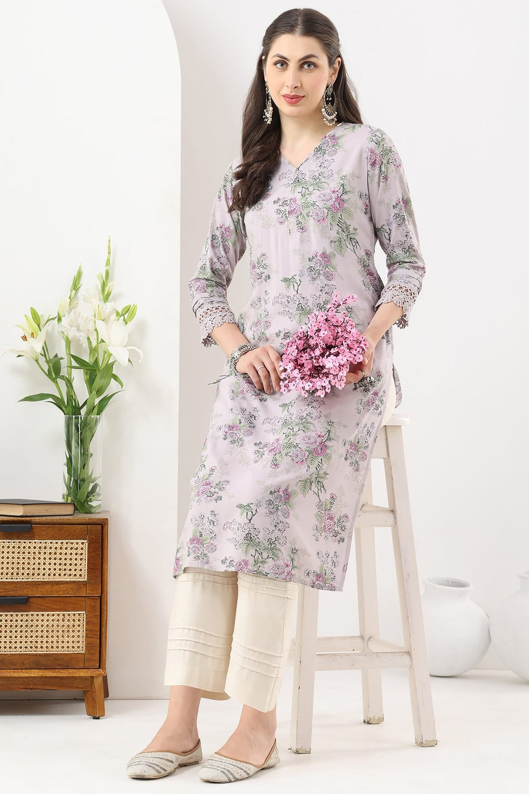 Lilac Printed Rayon Kurti with V-Neck