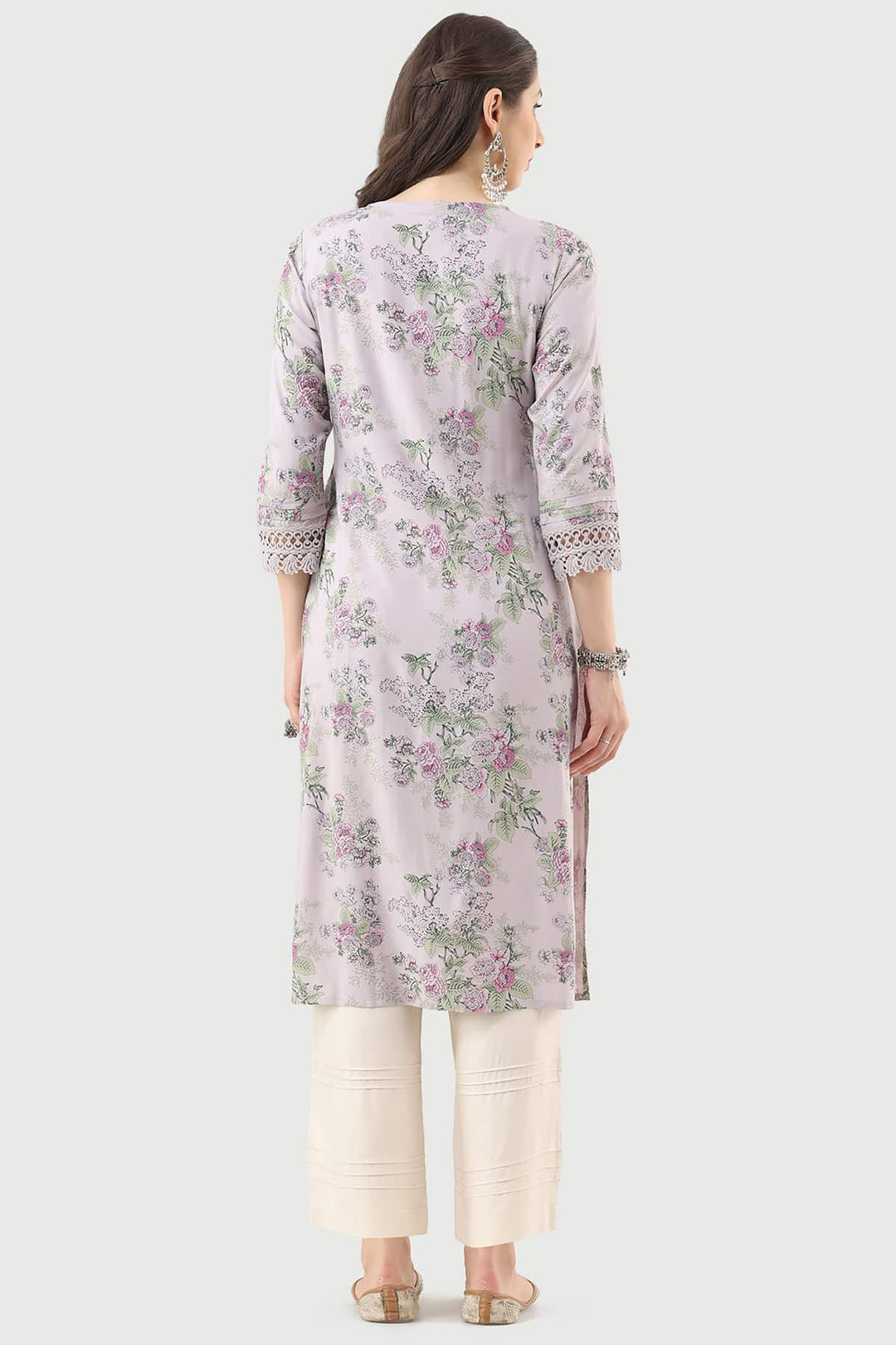 Lilac Printed Rayon Kurti with V-Neck