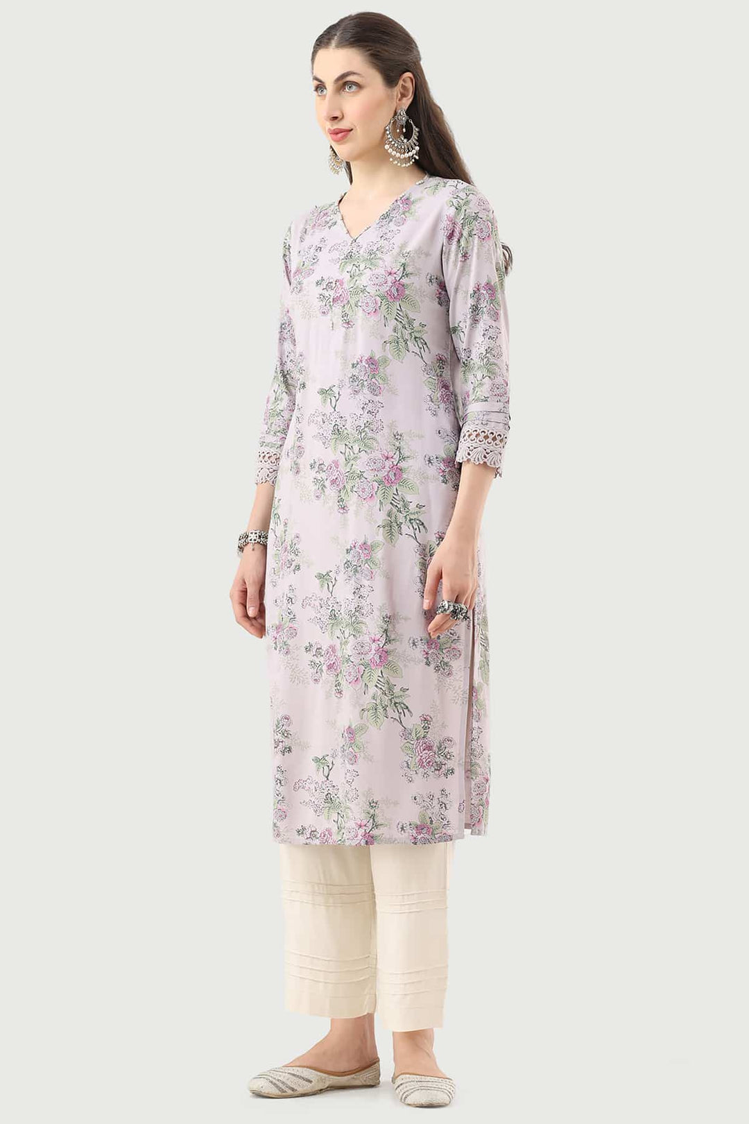 Lilac Printed Rayon Kurti with V-Neck