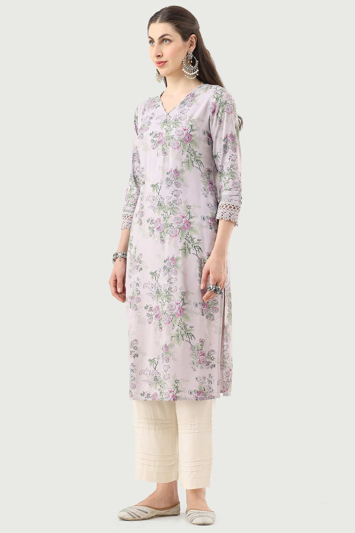 Lilac Printed Rayon Kurti with V-Neck