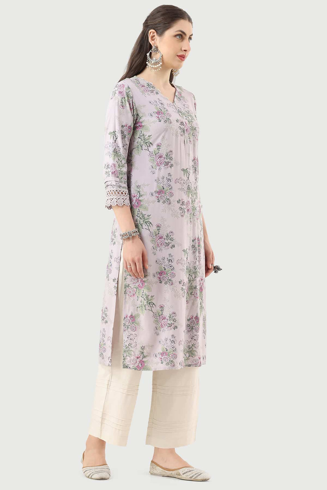 Lilac Printed Rayon Kurti with V-Neck