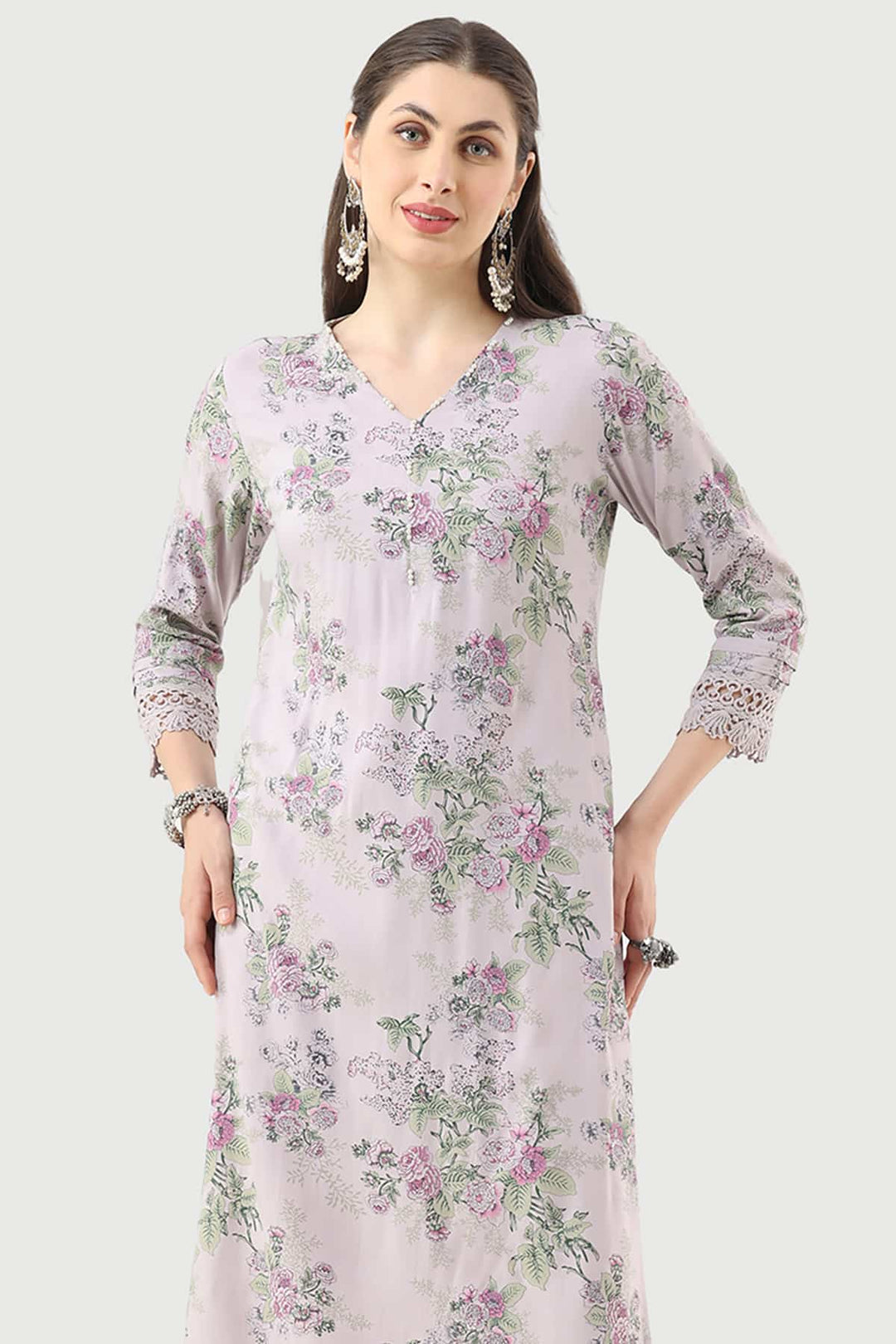 Lilac Printed Rayon Kurti with V-Neck