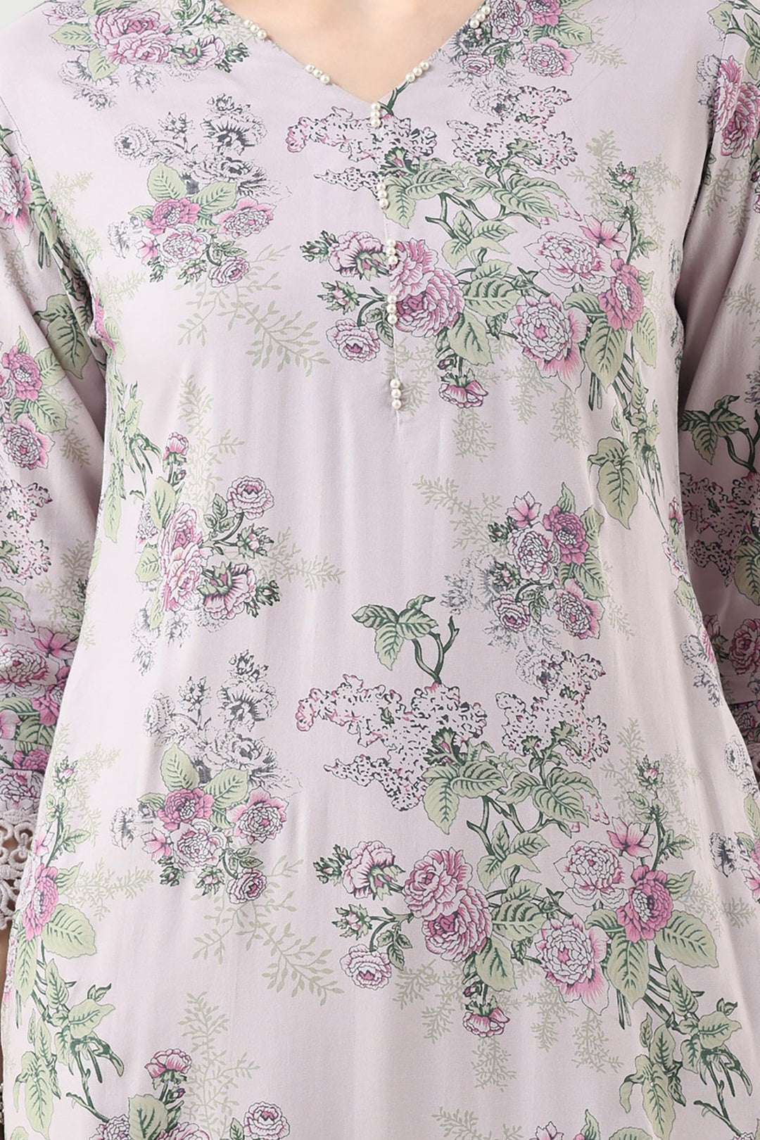 Lilac Printed Rayon Kurti with V-Neck