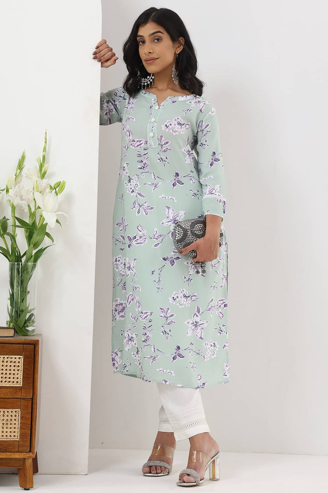 Sage Green Printed Rayon Kurti with 3/4th Sleeves