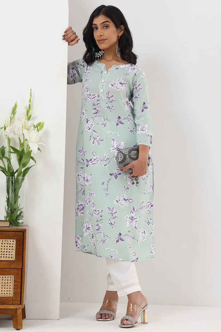 Sage Green Printed Rayon Kurti with 3/4th Sleeves