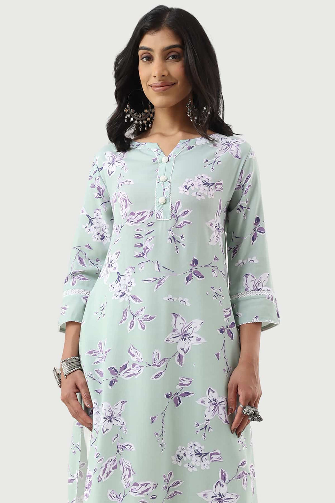 Sage Green Printed Rayon Kurti with 3/4th Sleeves