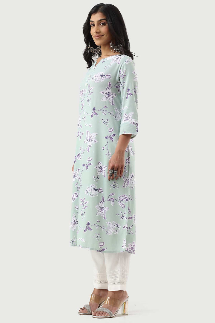 Sage Green Printed Rayon Kurti with 3/4th Sleeves