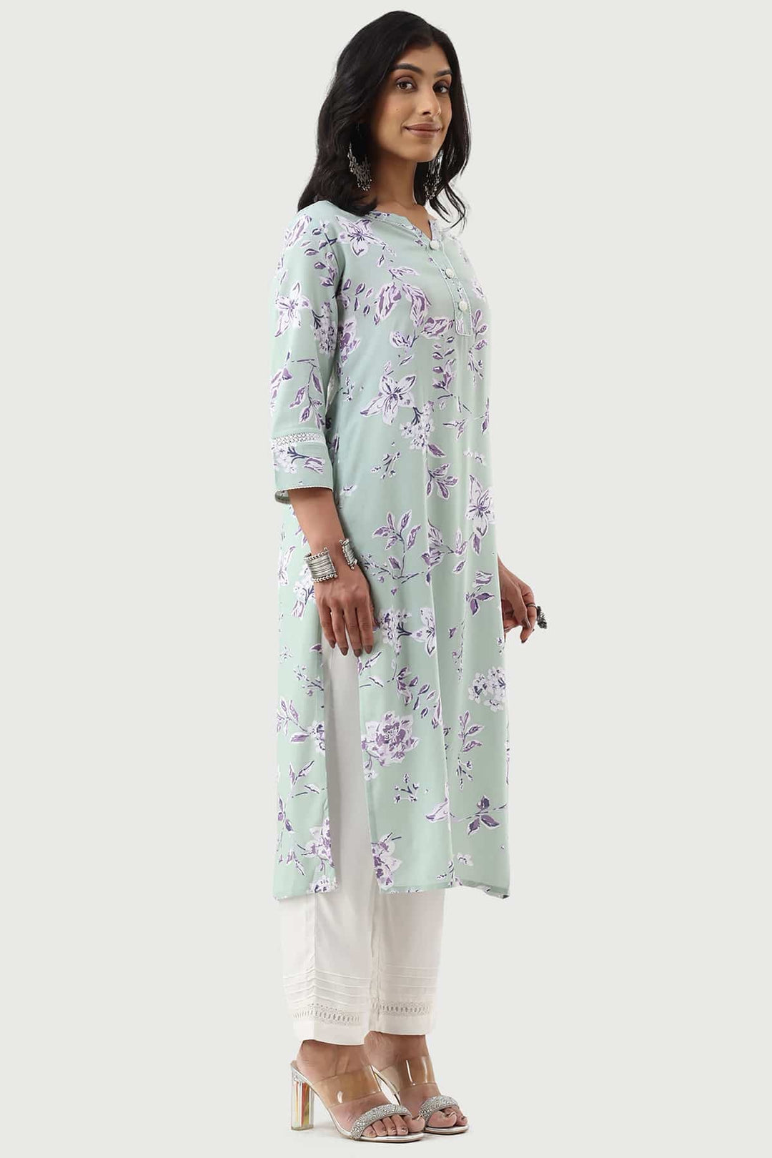 Sage Green Printed Rayon Kurti with 3/4th Sleeves