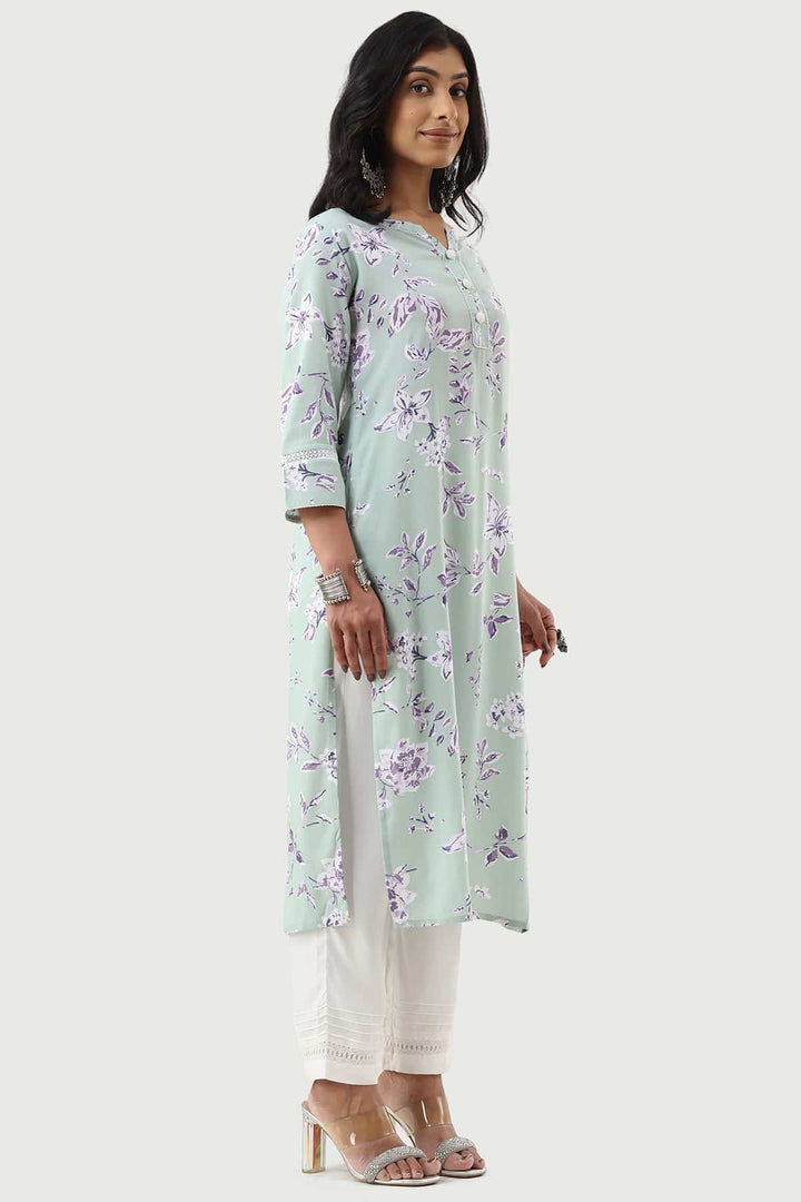 Sage Green Printed Rayon Kurti with 3/4th Sleeves
