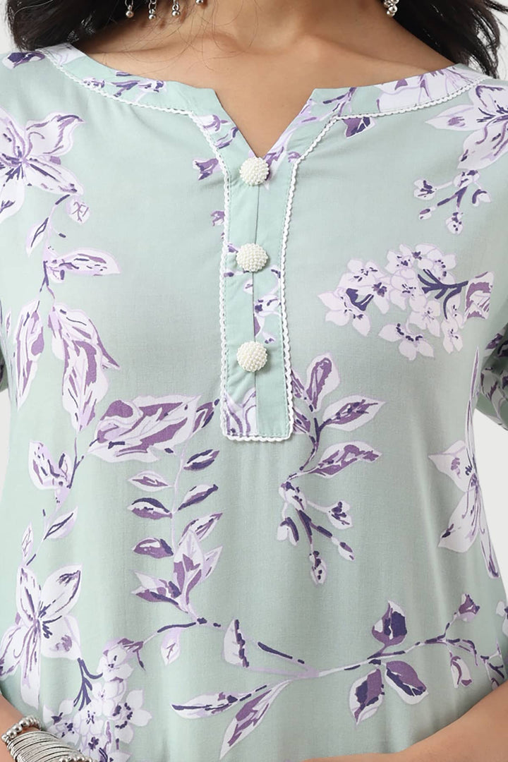 Sage Green Printed Rayon Kurti with 3/4th Sleeves