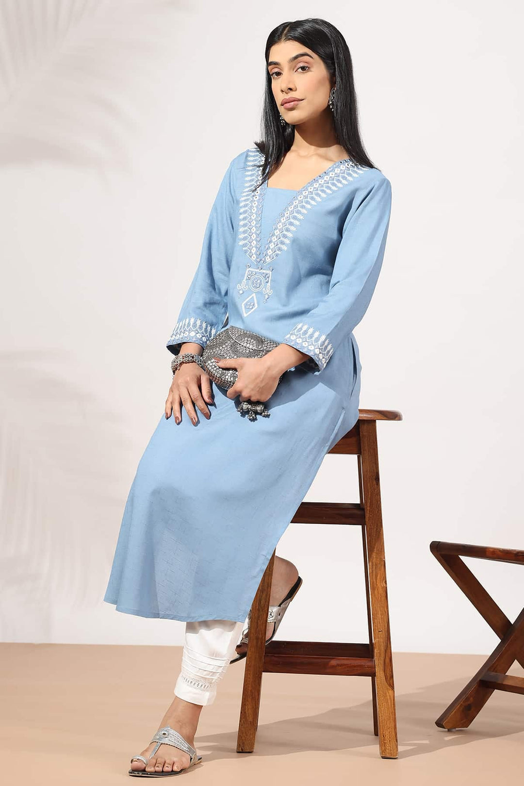 Vintage Blue Embroidered Rayon Slub Kurti with Square Neck