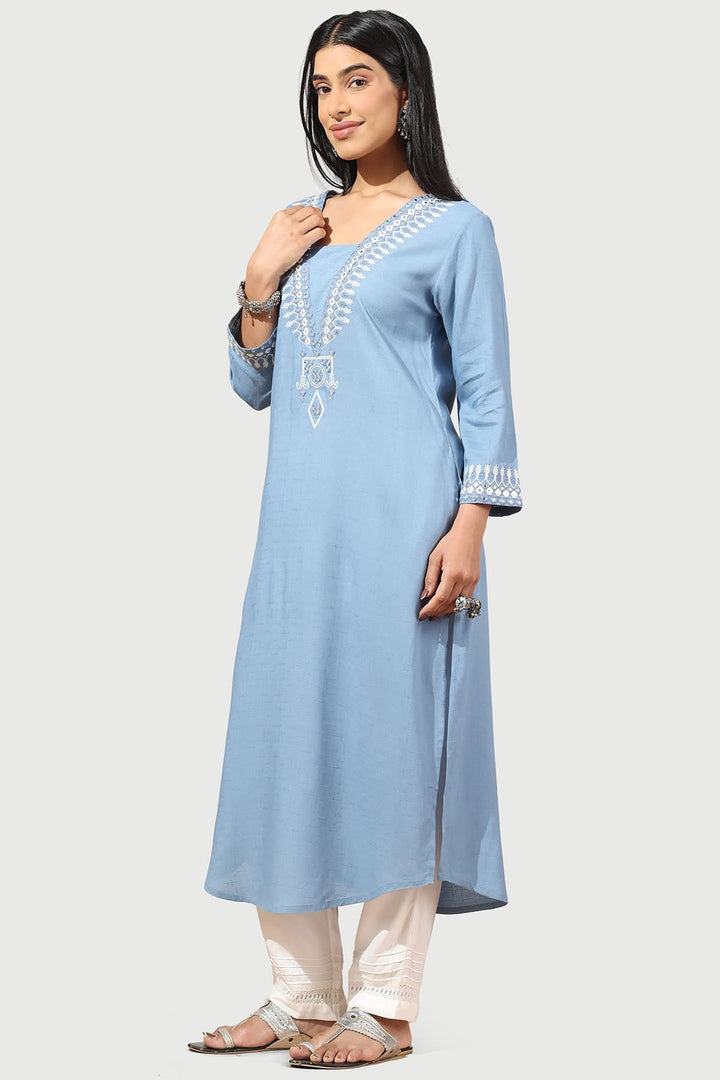Vintage Blue Embroidered Rayon Slub Kurti with Square Neck