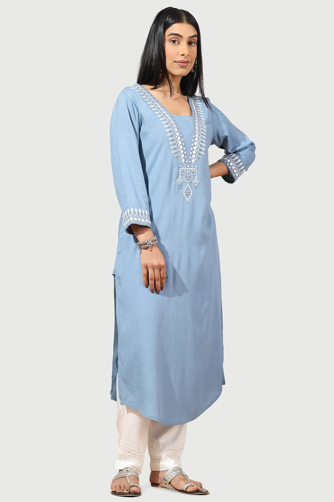 Vintage Blue Embroidered Rayon Slub Kurti with Square Neck