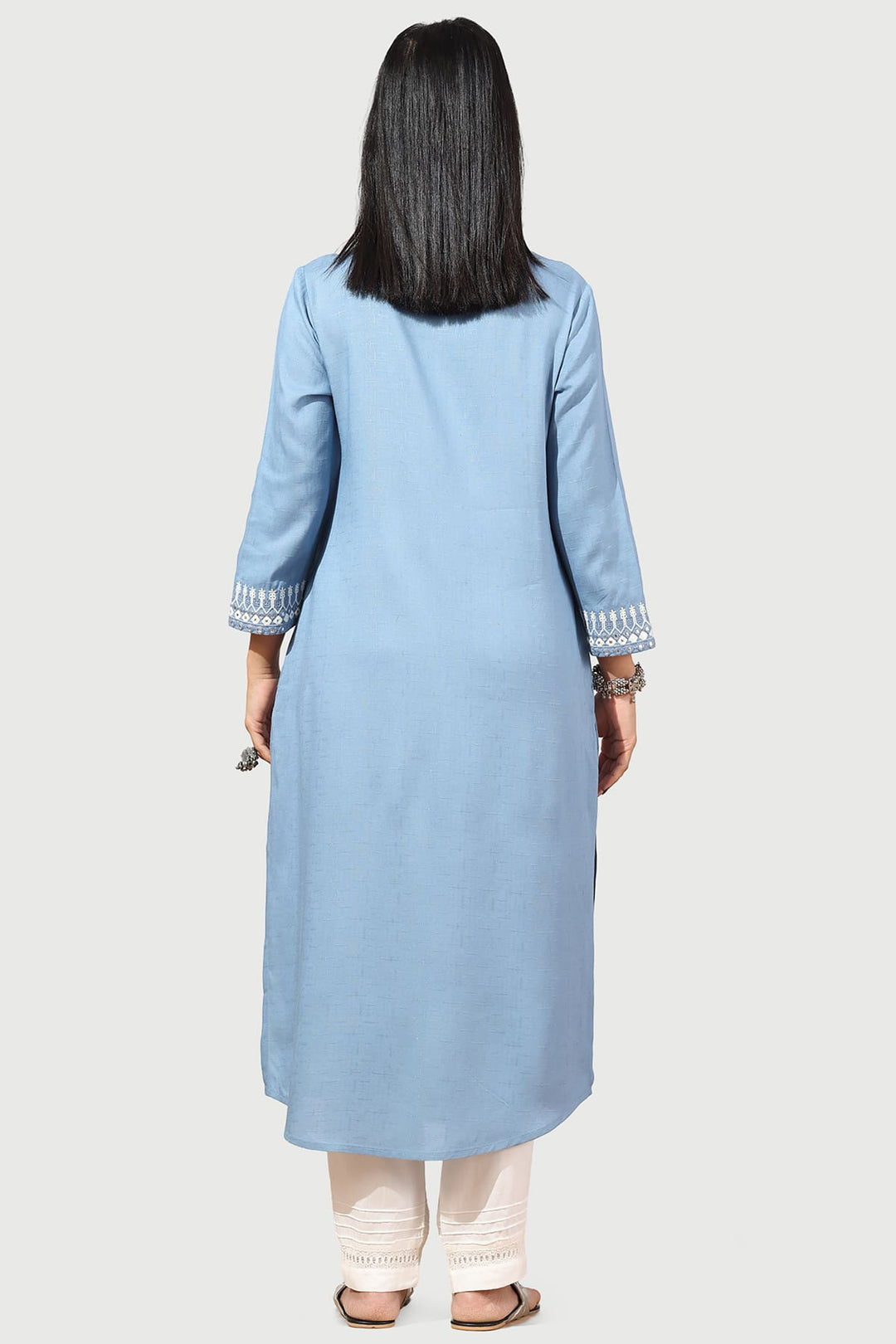 Vintage Blue Embroidered Rayon Slub Kurti with Square Neck