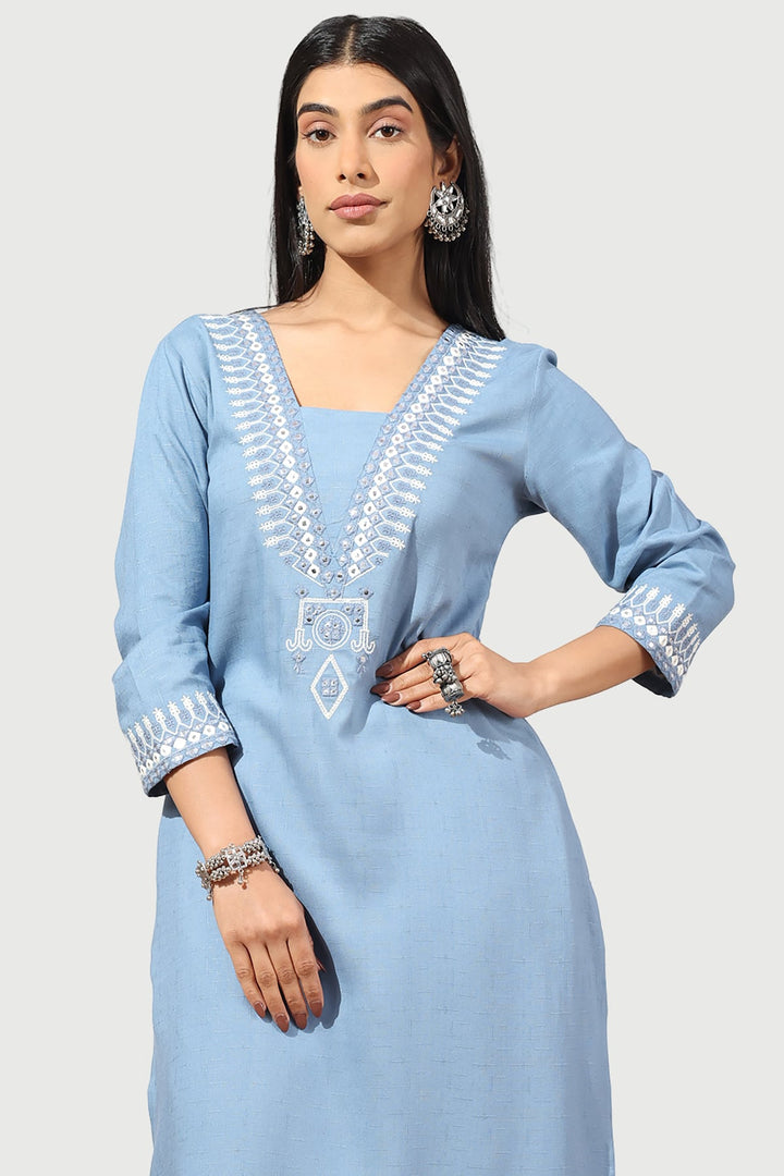 Vintage Blue Embroidered Rayon Slub Kurti with Square Neck