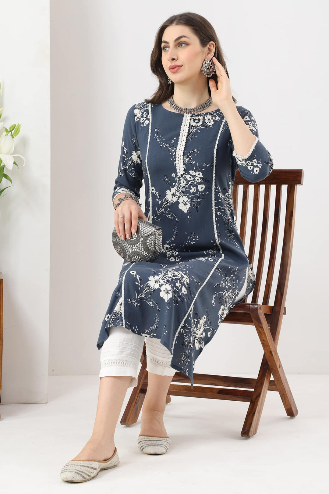 Grey Printed Rayon Kurti with 3/4th Sleeves