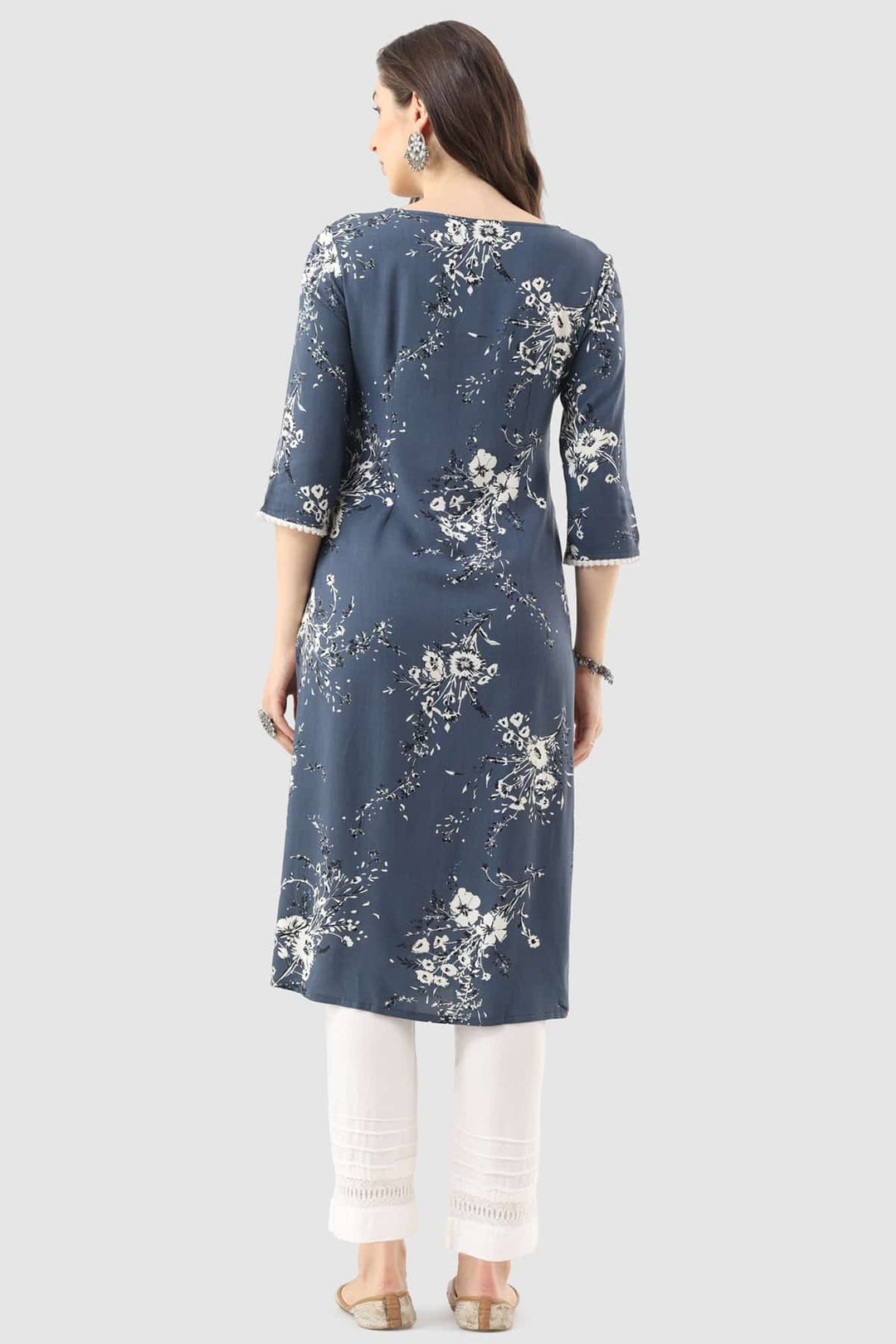 Grey Printed Rayon Kurti with 3/4th Sleeves