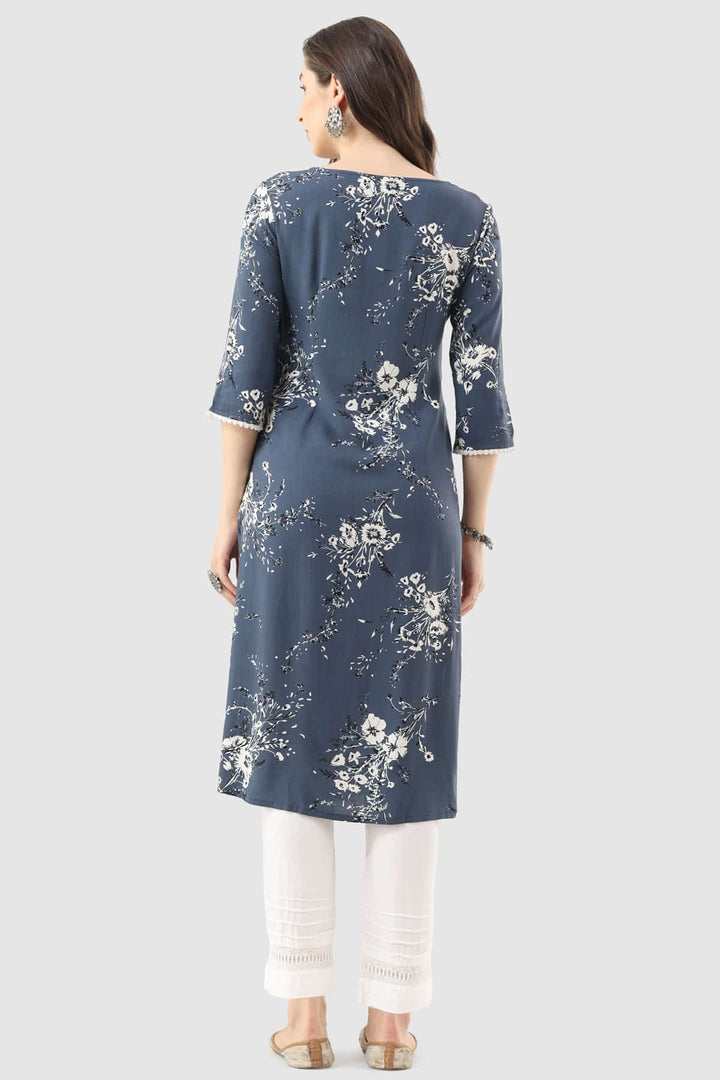Grey Printed Rayon Kurti with 3/4th Sleeves
