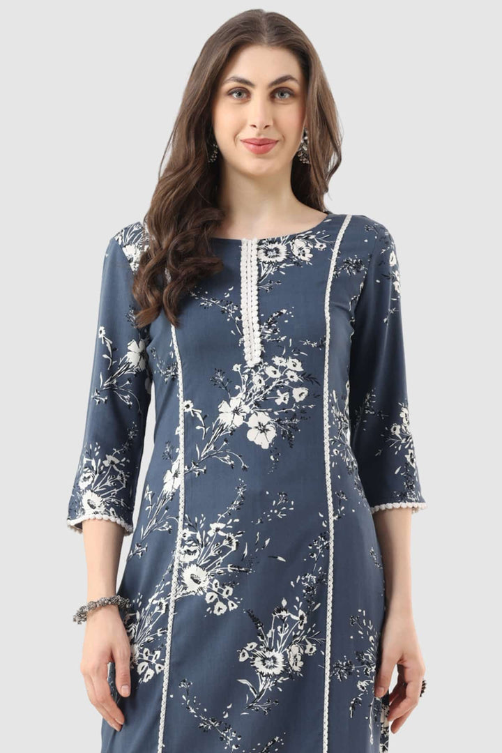 Grey Printed Rayon Kurti with 3/4th Sleeves