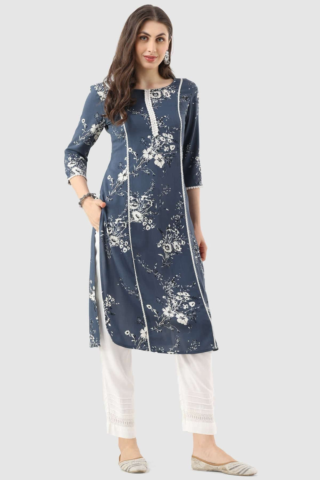 Grey Printed Rayon Kurti with 3/4th Sleeves