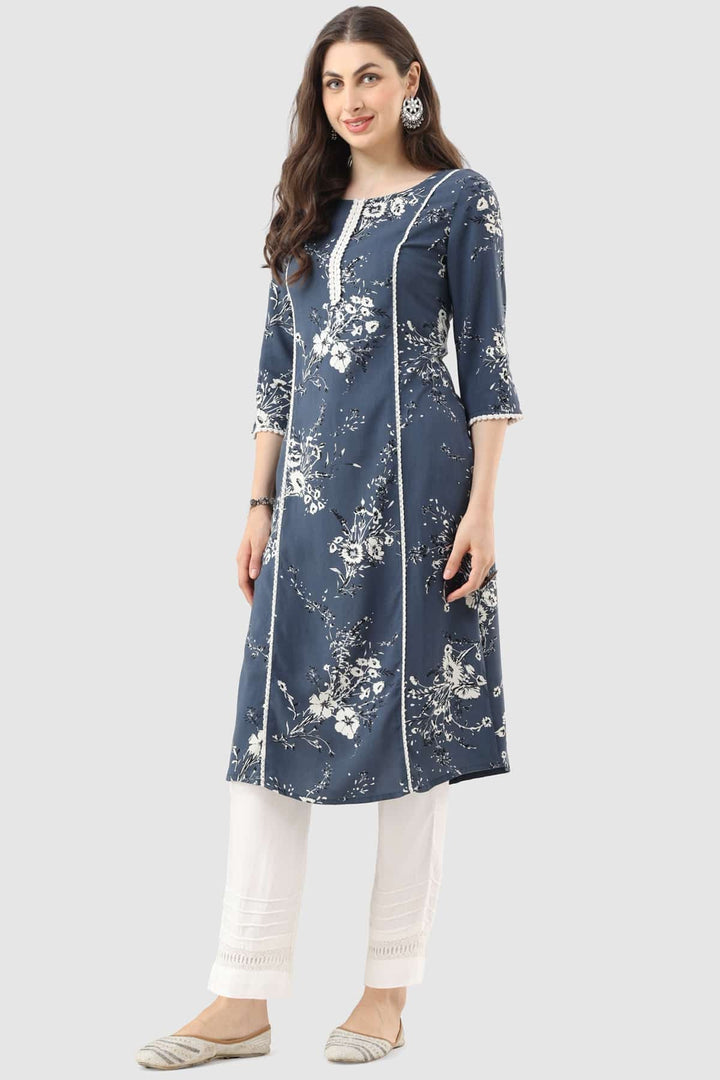 Grey Printed Rayon Kurti with 3/4th Sleeves
