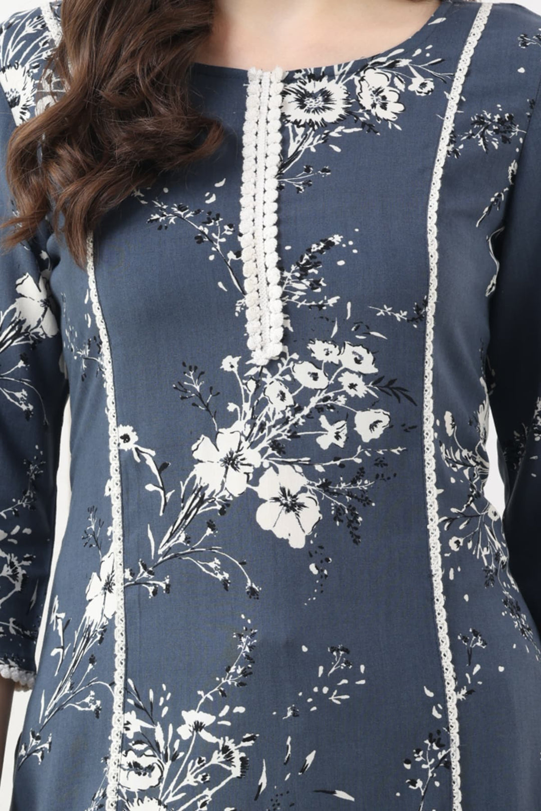 Grey Printed Rayon Kurti with 3/4th Sleeves