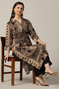 Beige & Brown Printed Cotton Kurti