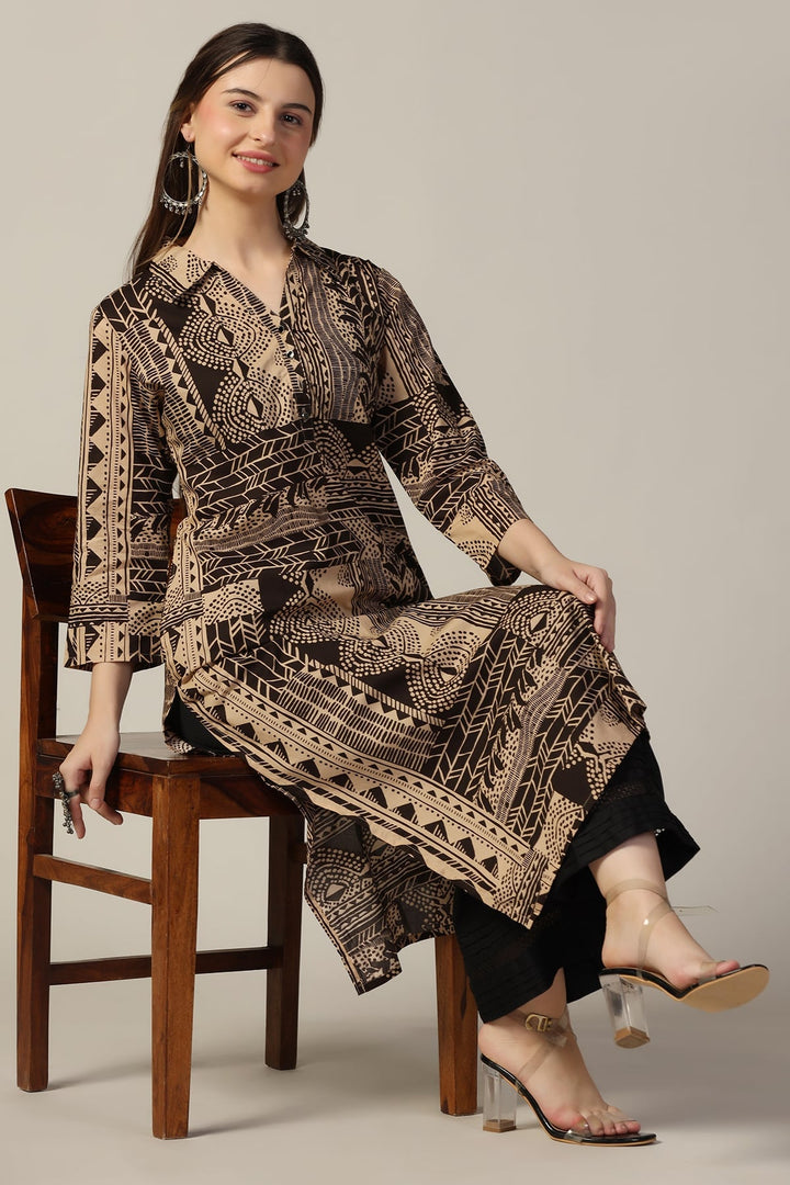 Beige &amp; Brown Printed Cotton Kurti