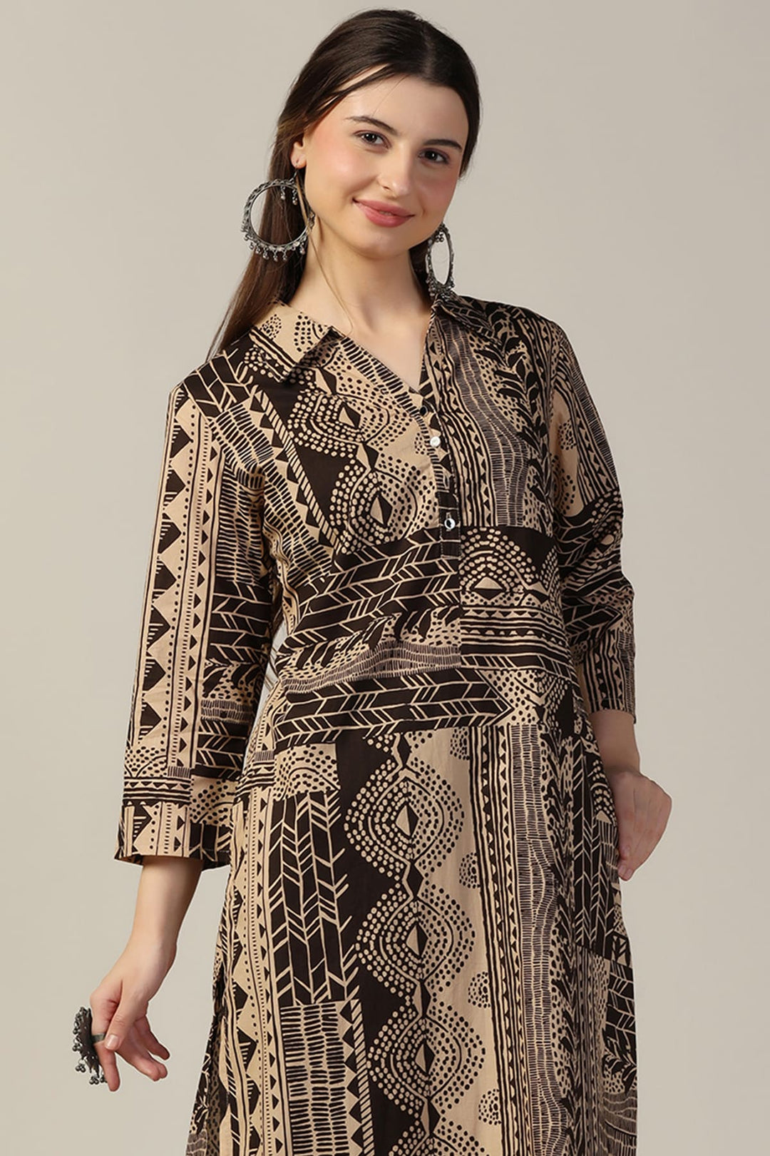 Beige &amp; Brown Printed Cotton Kurti